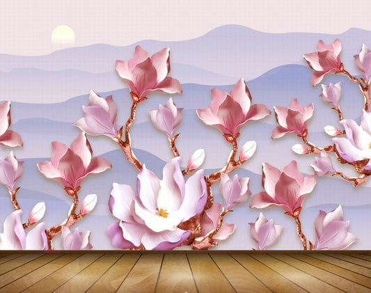 Avikalp MWZ0630 Pink White Flowers Moon 3D HD Wallpaper