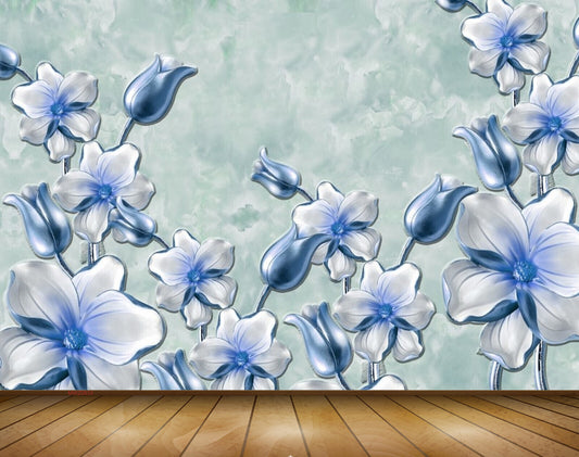 Avikalp MWZ0633 Blue White Flowers 3D HD Wallpaper