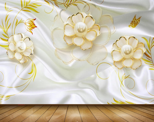Avikalp MWZ0637 White Golden Flowers Butterfly 3D HD Wallpaper