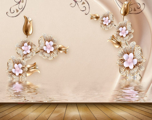 Avikalp MWZ0640 White Golden Flowers 3D HD Wallpaper