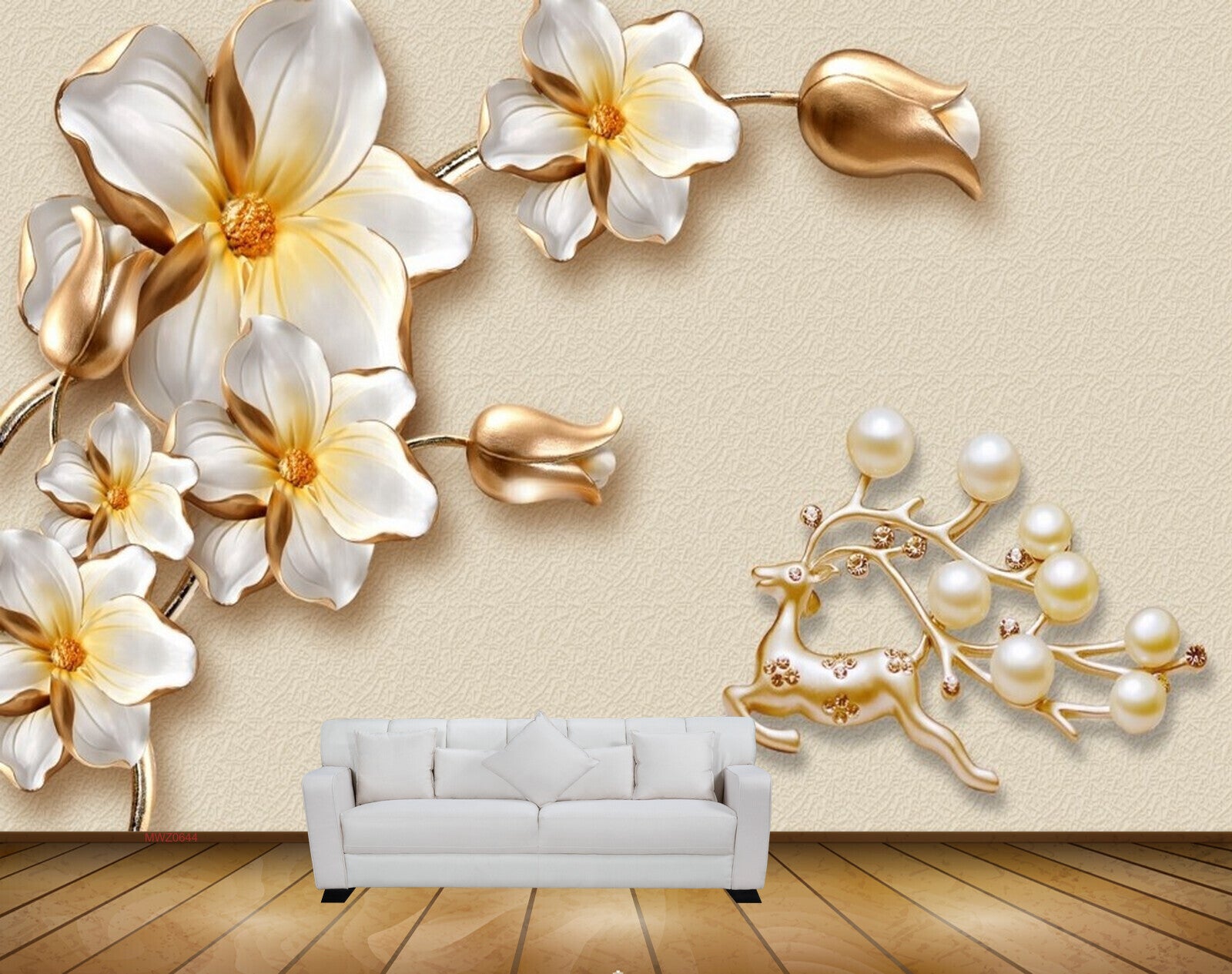 Avikalp MWZ0644 White Golden Flowers Deer 3D HD Wallpaper Avikalp MWZ0644 White Golden Flowers Deer 3D HD Wallpaper