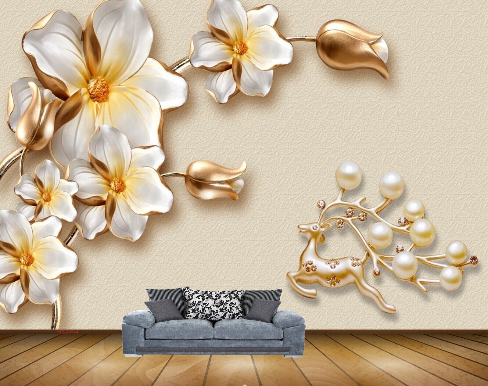 Avikalp MWZ0644 White Golden Flowers Deer 3D HD Wallpaper Avikalp MWZ0644 White Golden Flowers Deer 3D HD Wallpaper