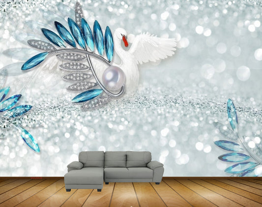 Avikalp MWZ0649 Blue Silver Leaves Crane HD Wallpaper