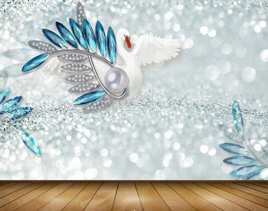 Avikalp MWZ0649 Blue Silver Leaves Crane 3D HD Wallpaper