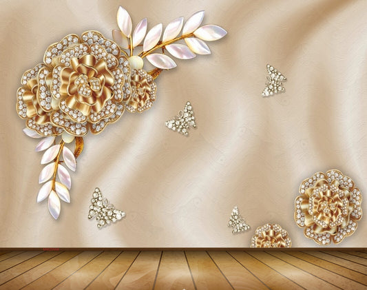 Avikalp MWZ0668 White Golden Flowes Leaves 3D HD Wallpaper