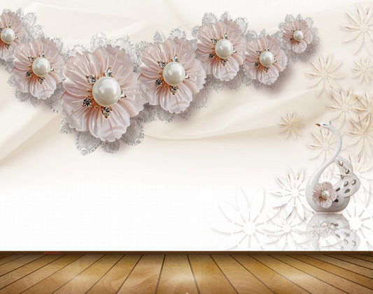 Avikalp MWZ0669 Peach Flowers Swan 3D HD Wallpaper