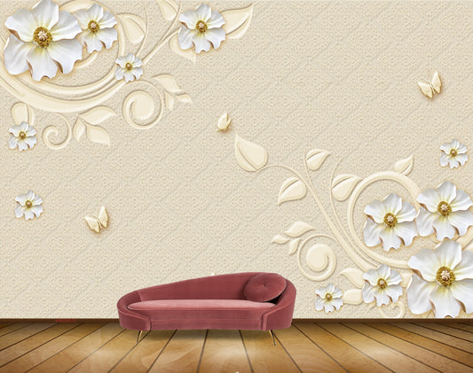 Avikalp MWZ0672 White Flowers Butterflies HD Wallpaper