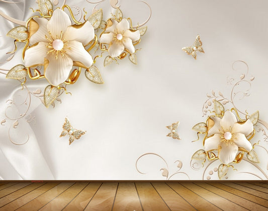 Avikalp MWZ0673 White Golden Flowers Butterflies 3D HD Wallpaper