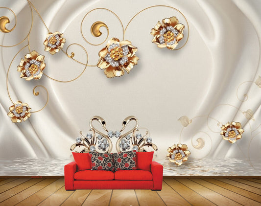 Avikalp MWZ0676 Golden Flowers Swans HD Wallpaper