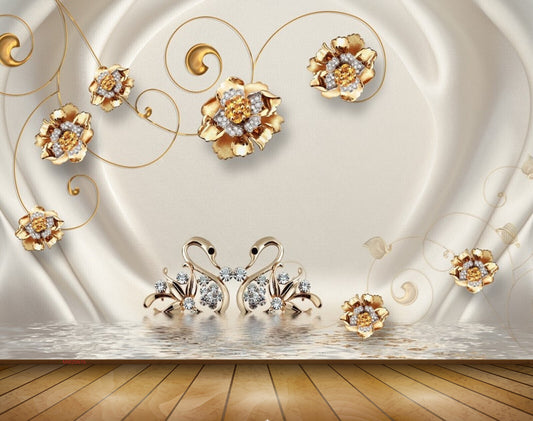 Avikalp MWZ0676 Golden Flowers Swans 3D HD Wallpaper
