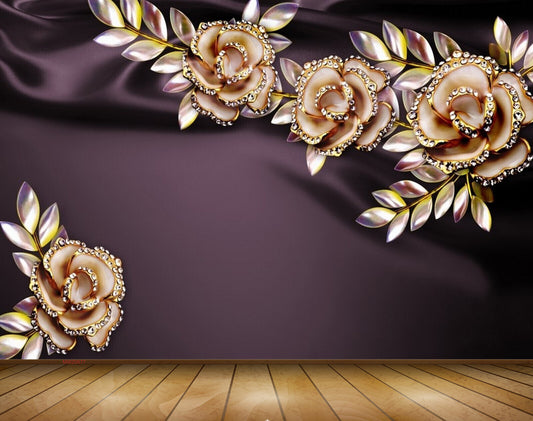 Avikalp MWZ0677 White Golden Flowers leaves 3D HD Wallpaper