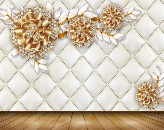 Avikalp MWZ0684 Golden Flowers White Leaves 3D HD Wallpaper