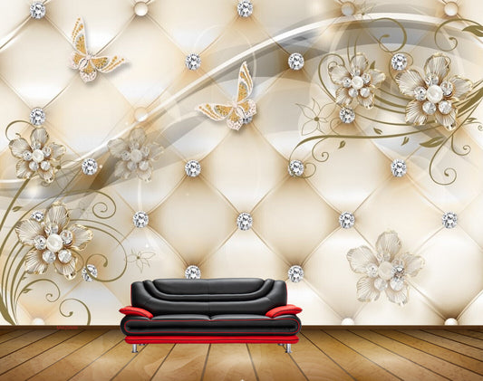 Avikalp MWZ0686 White Golden Flowers Butterflies HD Wallpaper