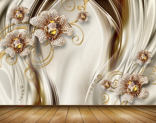 Avikalp MWZ0687 White Golden Flowers 3D HD Wallpaper