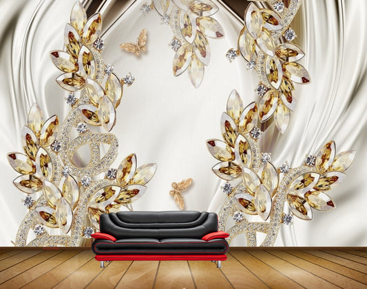 Avikalp MWZ0694 White Golden Leaves Butterflies HD Wallpaper