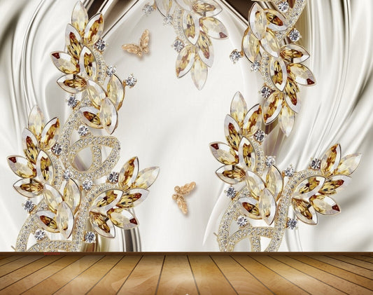 Avikalp MWZ0694 White Golden Leaves Butterflies 3D HD Wallpaper