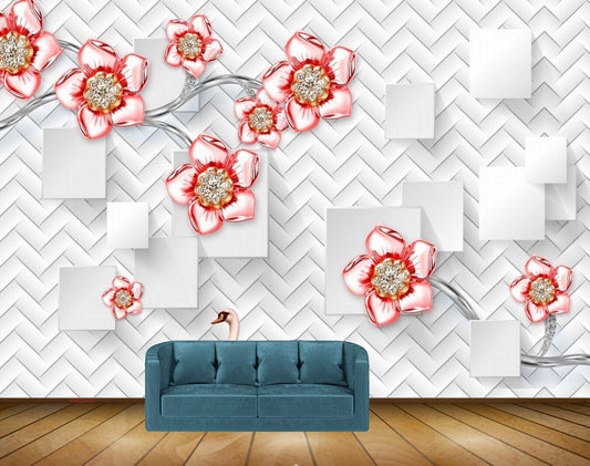 Avikalp MWZ0696 Pink Red Flowers Cranes HD Wallpaper