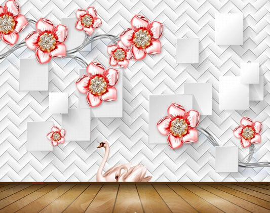 Avikalp MWZ0696 Pink Red Flowers Cranes 3D HD Wallpaper