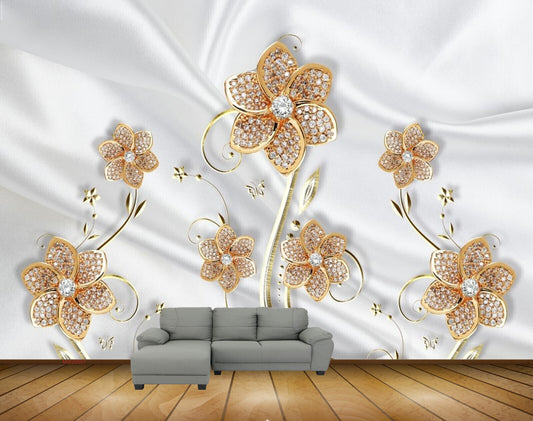 Avikalp MWZ0697 White Golden Flowers Leaves Butterflies HD Wallpaper