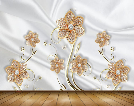 Avikalp MWZ0697 White Golden Flowers Leaves Butterflies 3D HD Wallpaper