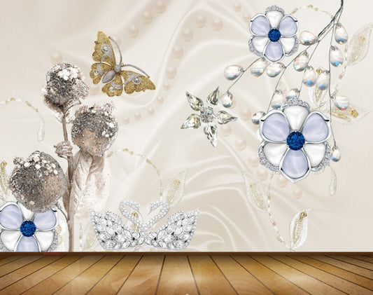 Avikalp MWZ0698 White Blue Flowers Butterflies Swans 3D HD Wallpaper