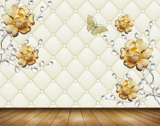 Avikalp MWZ0700 Golden Flowers Butterflies 3D HD Wallpaper