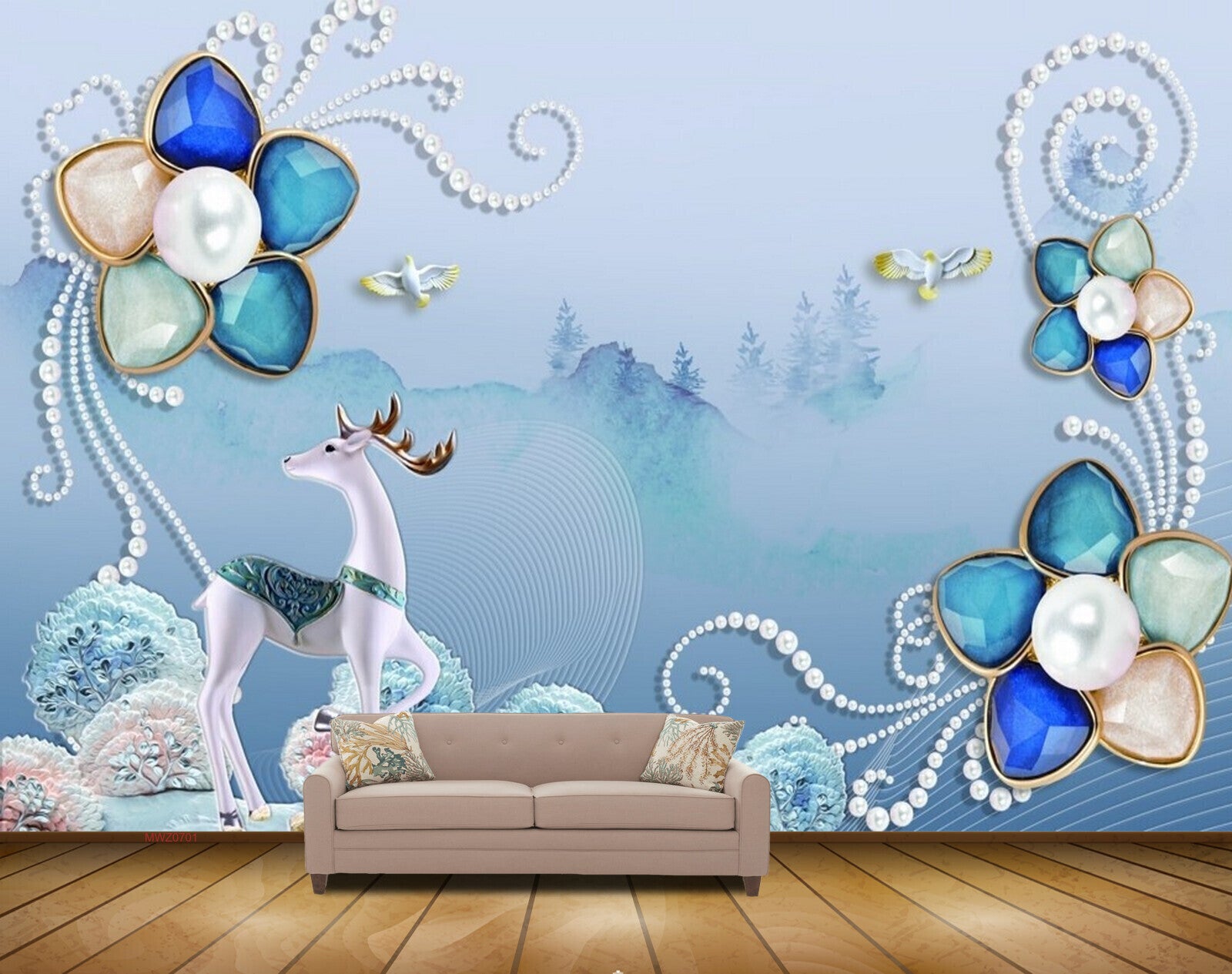 Avikalp MWZ0701 Blue Flowers Deer Birds HD Wallpaper Avikalp MWZ0701 Blue Flowers Deer Birds HD Wallpaper