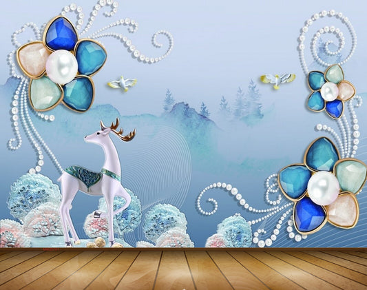 Avikalp MWZ0701 Blue Flowers Deer Birds 3D HD Wallpaper