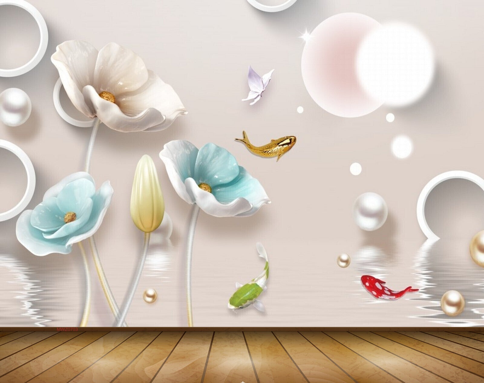 Avikalp MWZ0703 White Blue Flowers Fishes Butterflies 3D HD Wallpaper Avikalp MWZ0703 White Blue Flowers Fishes Butterflies 3D HD Wallpaper