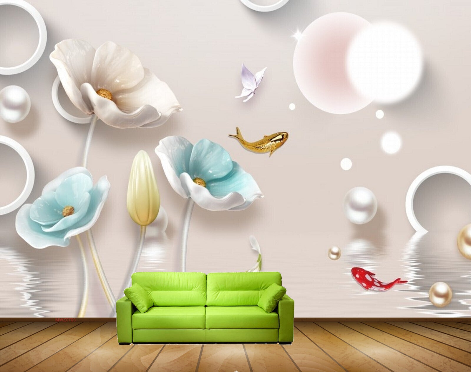 Avikalp MWZ0703 White Blue Flowers Fishes Butterflies 3D HD Wallpaper Avikalp MWZ0703 White Blue Flowers Fishes Butterflies 3D HD Wallpaper