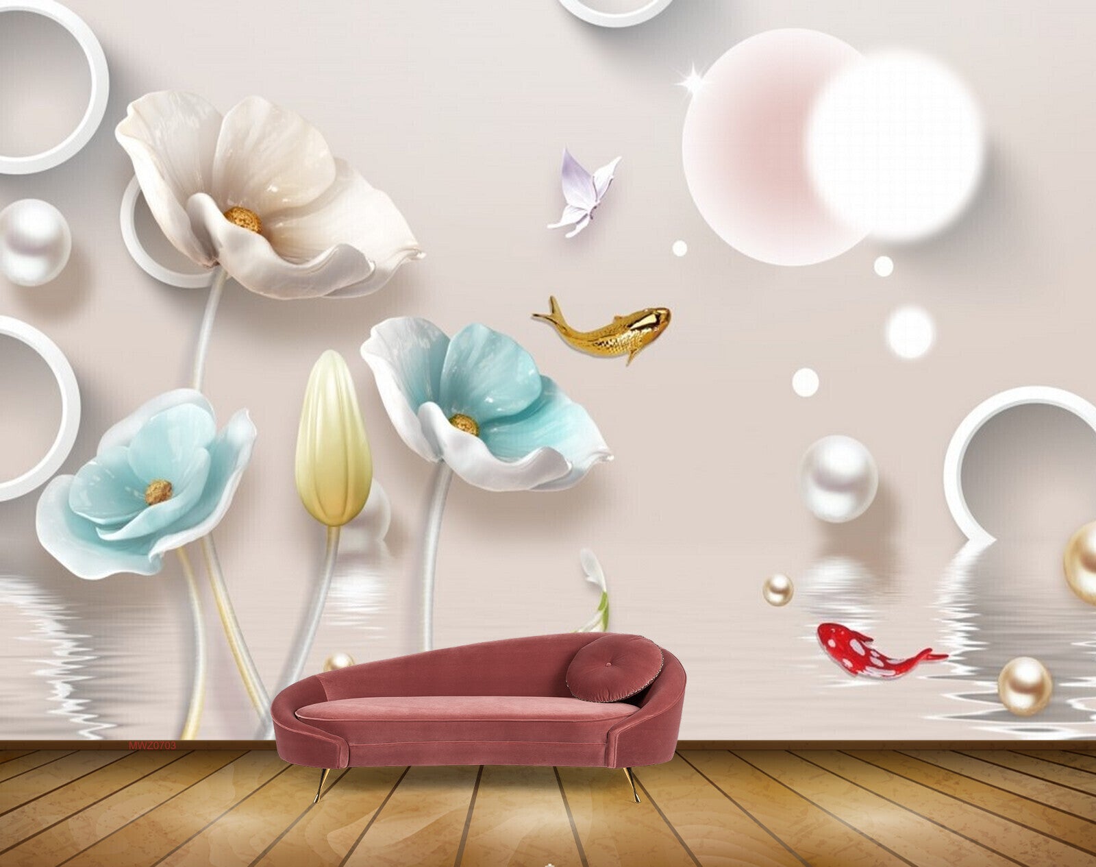 Avikalp MWZ0703 White Blue Flowers Fishes Butterflies 3D HD Wallpaper Avikalp MWZ0703 White Blue Flowers Fishes Butterflies 3D HD Wallpaper