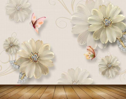 Avikalp MWZ0706 White Flowers Butterflies 3D HD Wallpaper