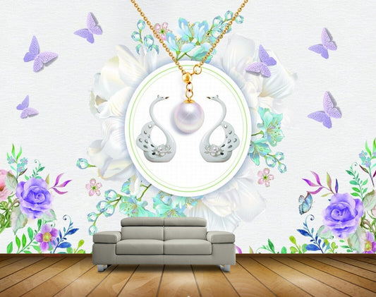 Avikalp MWZ0709 Purple Flowers Butterflies Swans HD Wallpaper