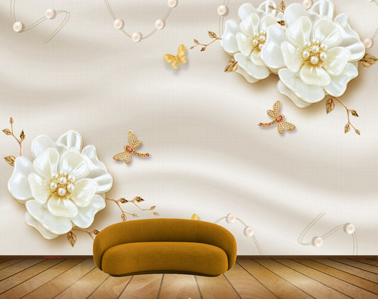 Avikalp MWZ0714 White Golden Flowers Flies HD Wallpaper