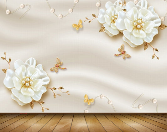 Avikalp MWZ0714 White Golden Flowers Flies 3D HD Wallpaper
