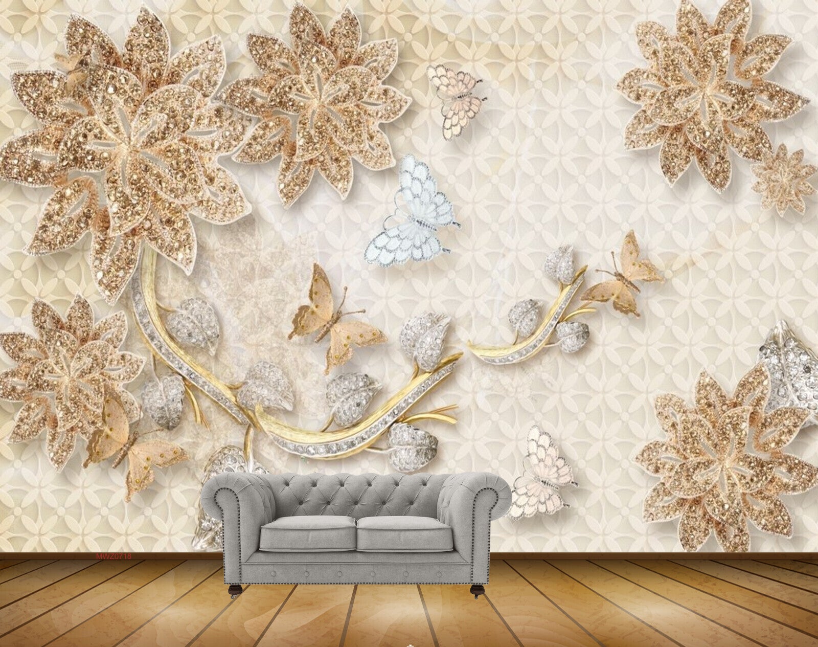 Avikalp MWZ0718 Golden Flowers White Leaves Butterflies 3D HD Wallpaper Avikalp MWZ0718 Golden Flowers White Leaves Butterflies 3D HD Wallpaper