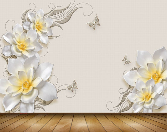Avikalp MWZ0726 White Yellow Flowers Butterflies 3D HD Wallpaper