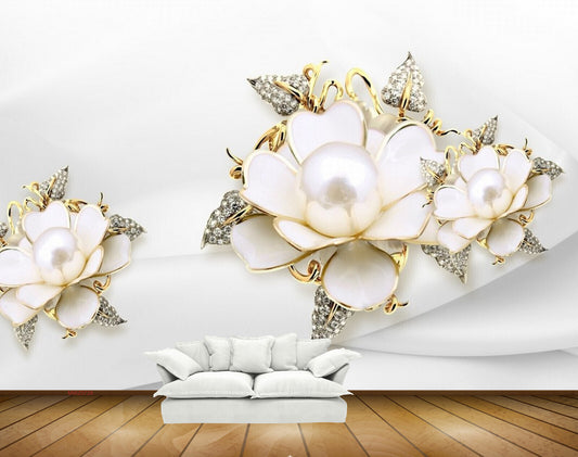 Avikalp MWZ0728 White Golden Flowers Cranes HD Wallpaper