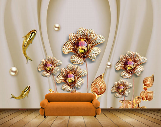 Avikalp MWZ0730 Orange Flowers Fishes Leaves HD Wallpaper