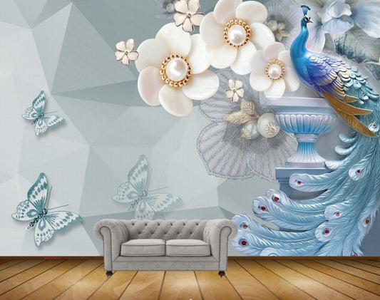 Avikalp MWZ0737 White Flowers Butterflies Peacock HD Wallpaper