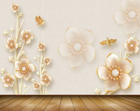 Avikalp MWZ0738 White Orange Flowers Birds 3D HD Wallpaper