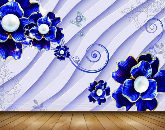 Avikalp MWZ0739 Blue Flowers Butterflies 3D HD Wallpaper