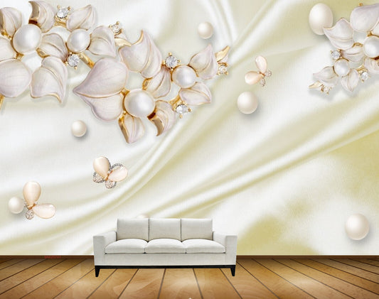 Avikalp MWZ0741 White Golden Flowers Leaves HD Wallpaper