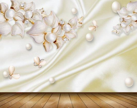 Avikalp MWZ0741 White Golden Flowers Leaves 3D HD Wallpaper