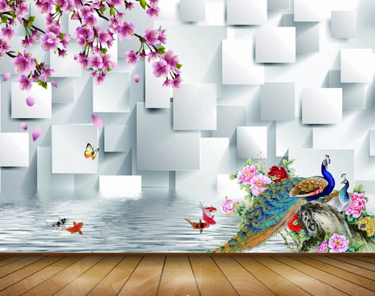 Avikalp MWZ0744 Pink Flowers Peacocks Fishes Butterflies 3D HD Wallpaper