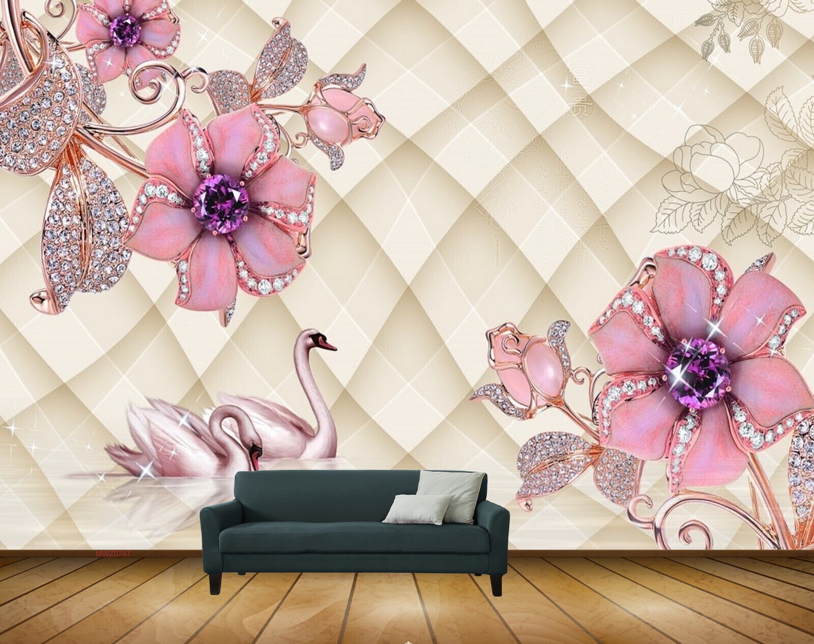 Avikalp MWZ0747 Pink Flowers Leaves Cranes 3D HD Wallpaper Avikalp MWZ0747 Pink Flowers Leaves Cranes 3D HD Wallpaper