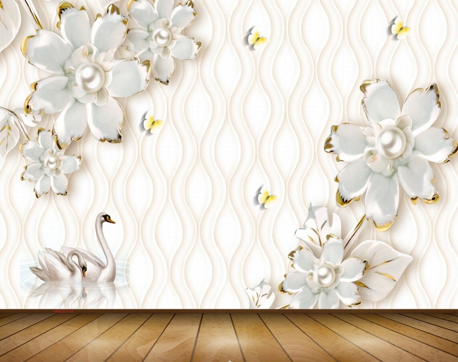 Avikalp MWZ0748 White Flowers Cranes Butterflies 3D HD Wallpaper Avikalp MWZ0748 White Flowers Cranes Butterflies 3D HD Wallpaper