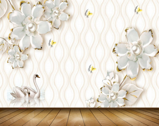 Avikalp MWZ0748 White Flowers Cranes Butterflies 3D HD Wallpaper