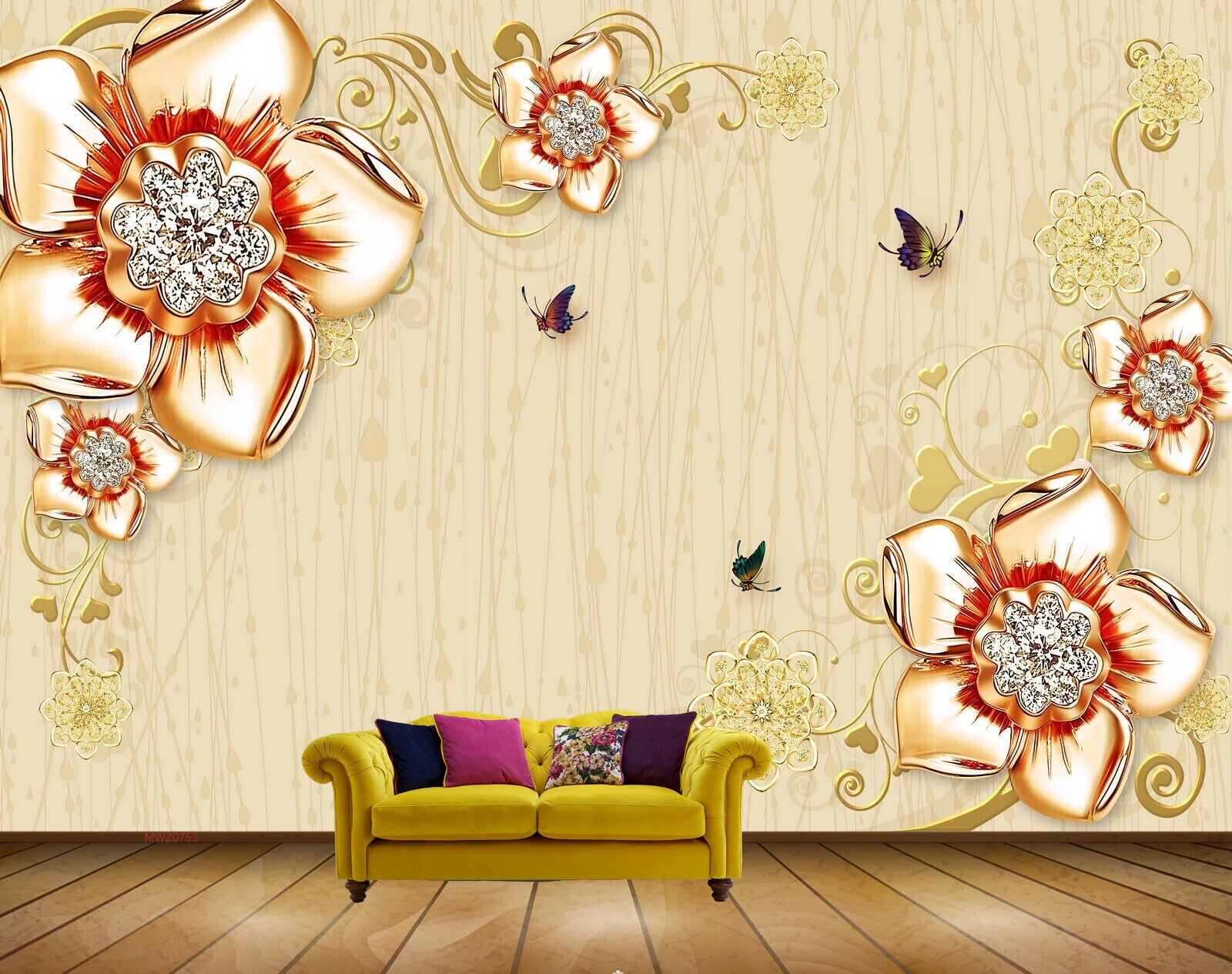 Avikalp MWZ0753 Red Gold Flowers Butterflies HD Wallpaper Avikalp MWZ0753 Red Gold Flowers Butterflies HD Wallpaper