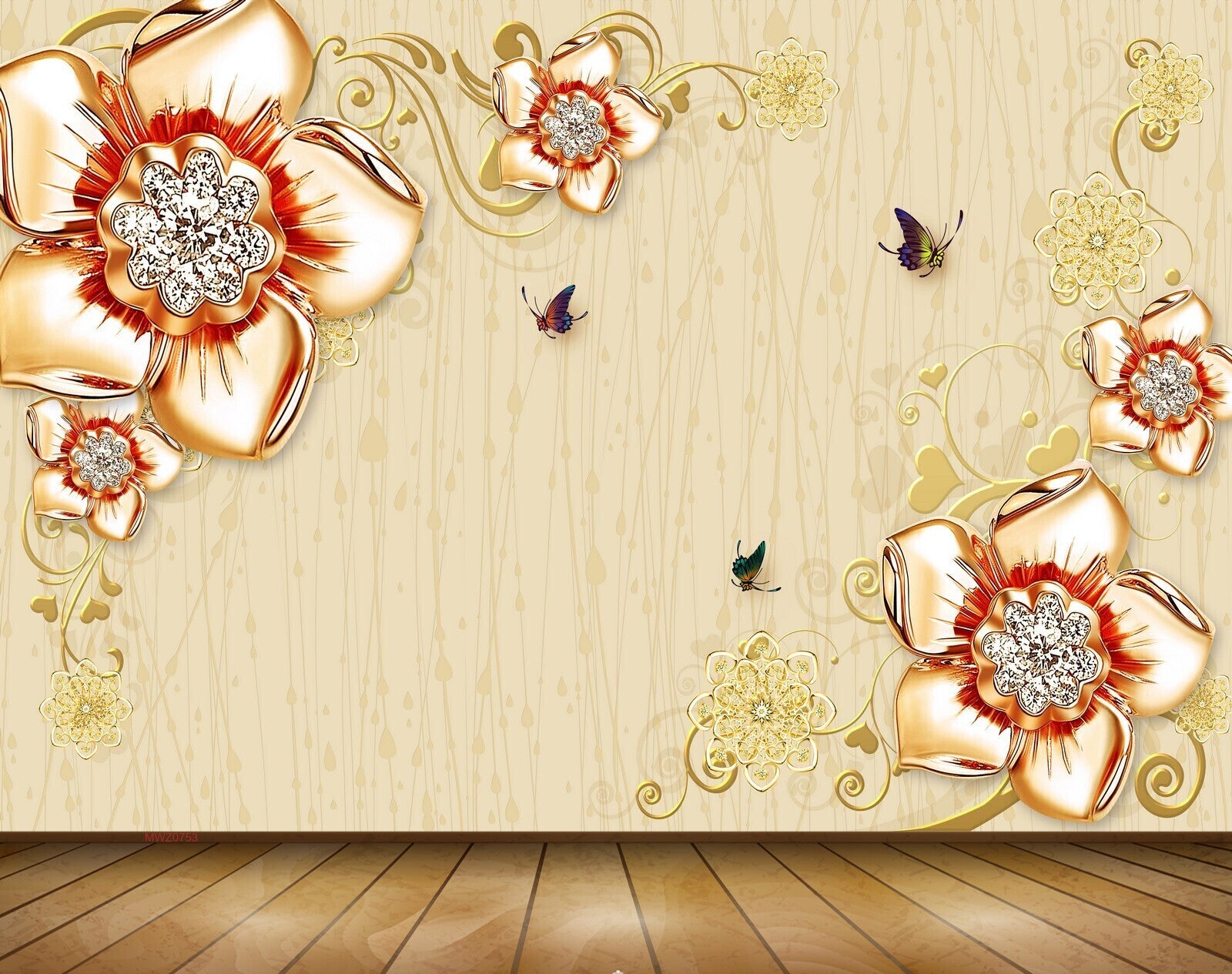 Avikalp MWZ0753 Red Gold Flowers Butterflies 3D HD Wallpaper Avikalp MWZ0753 Red Gold Flowers Butterflies 3D HD Wallpaper